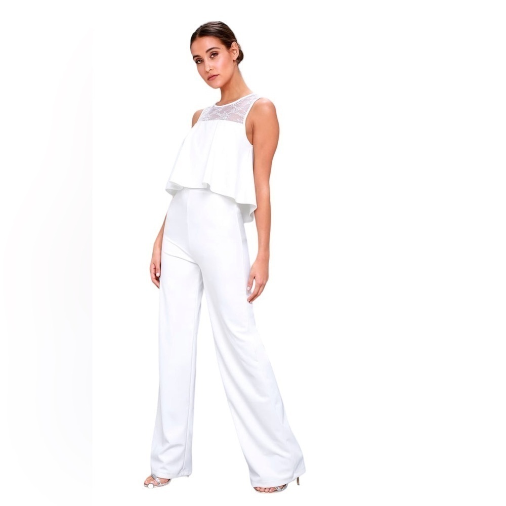 Lulus Hollywood Heights White Lace‎ Wide Leg Jumpsuit Size Medium